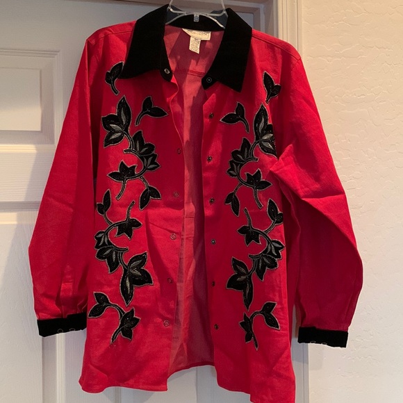 Women’s button up red and black shirt with velour feel. Very unique - Picture 1 of 7